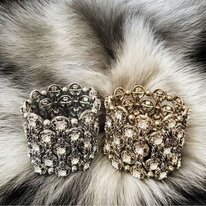 CN Wide DECO Gold Tone & Silver Tone Stretch Bracelet White Rhinestones